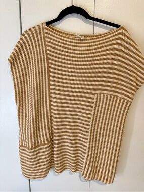 Striped Cream and Tan Knit Scoop-Neck Sweater